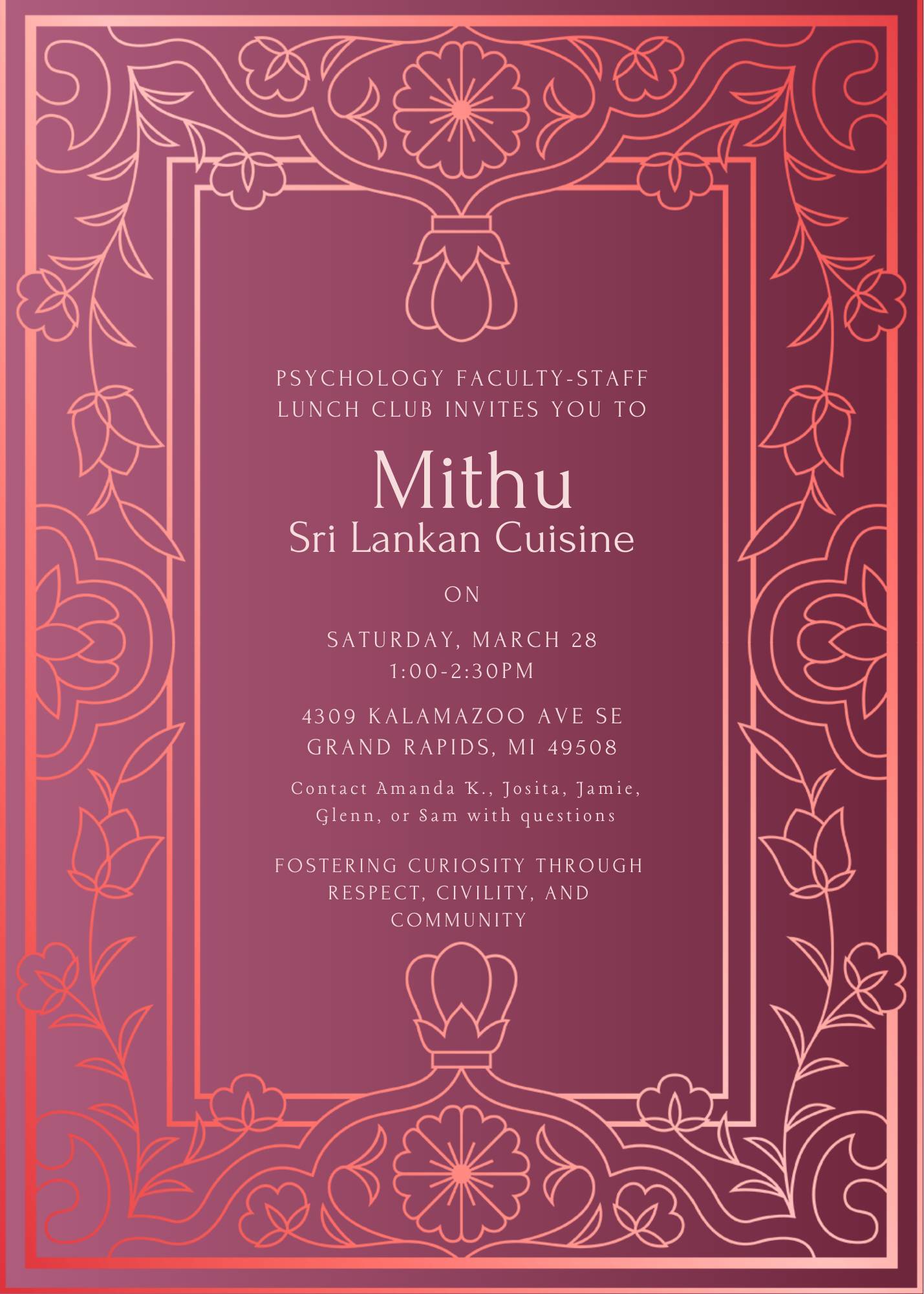 The invitation to the Mithu Srilankan Cuisine, Saturday March 28 at 1 pm in Grand Rapids